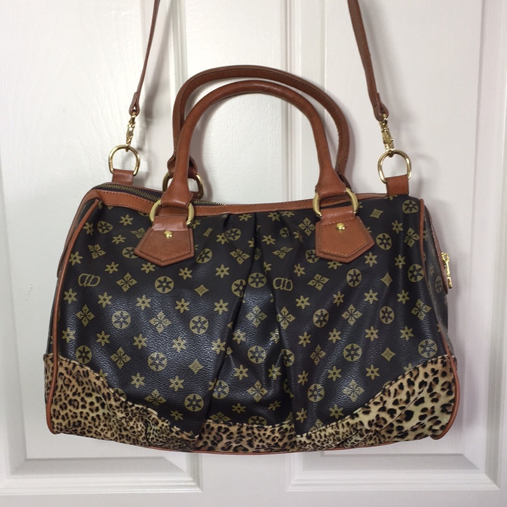 Monogram & Leopard Pleated Satchel Handbag w/ Detachable Shoulder Strap
